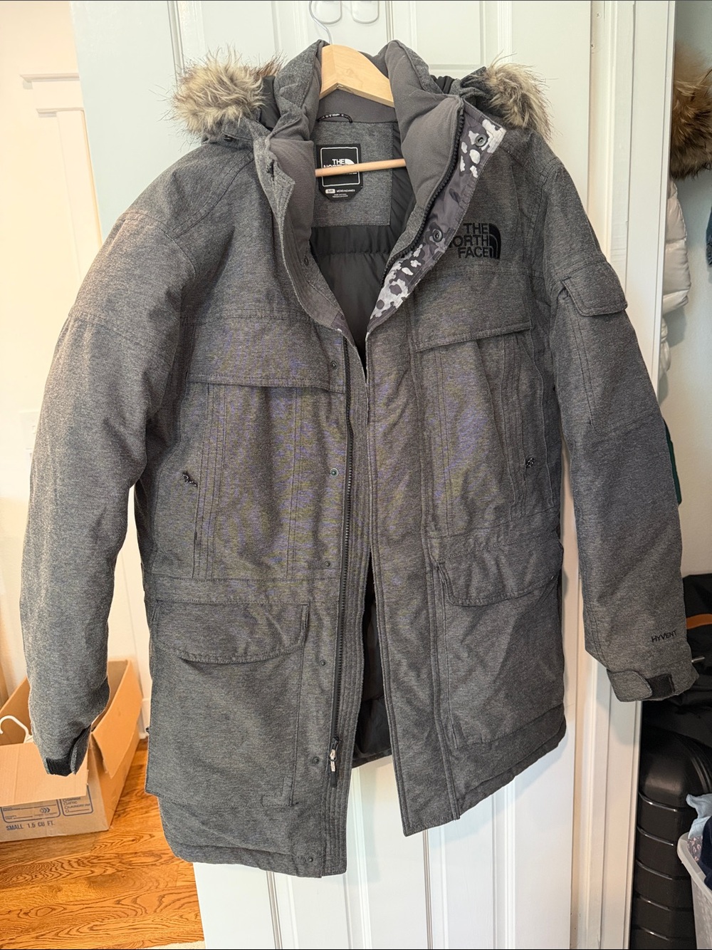 The North Face Men's Gray Hooded Insulated Parka with Faux Fur Detachable Hood